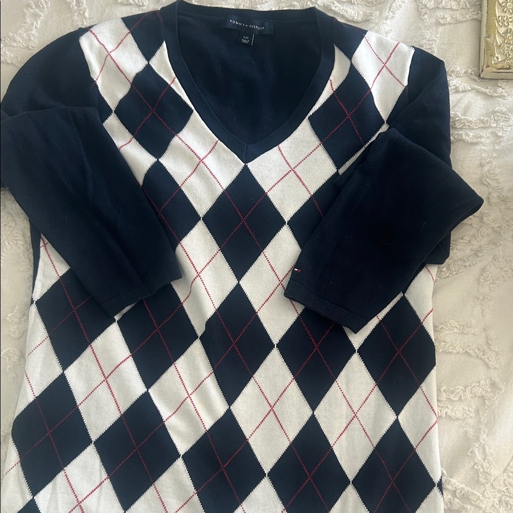 Tommy Hilfiger Navy and White Argyle V-Neck Sweater